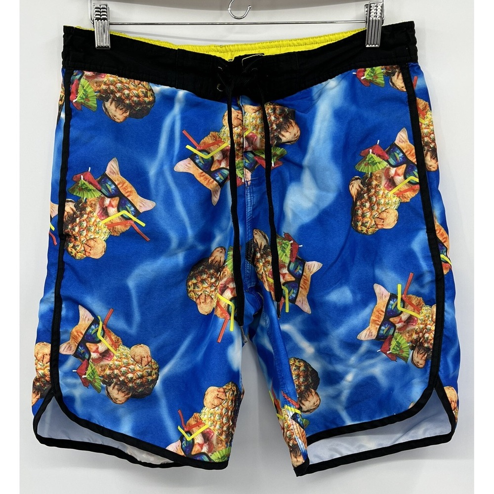 Bioworld Men's Swim Board Shorts Trunks Pineapple Drink Kitty Cat Size Small
